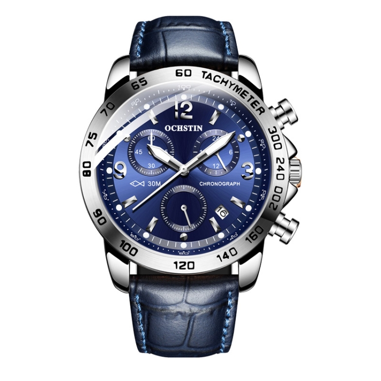 OCHSTIN 6123C Multifunctional Quartz Waterproof Luminous Men Leather Watch(Silver Blue)