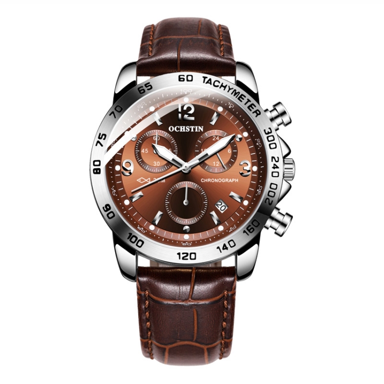 OCHSTIN 6123C Multifunctional Quartz Waterproof Luminous Men Leather Watch(Silver Coffee)