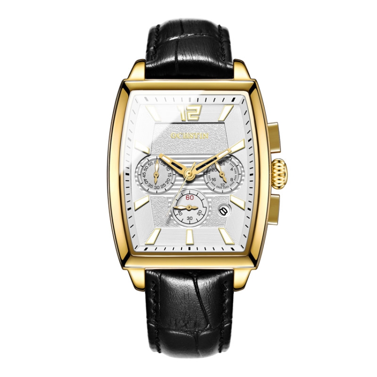 OCHSTIN 6133A Multifunctional Quartz Waterproof Luminous Men Leather Watch(Gold Black 01)