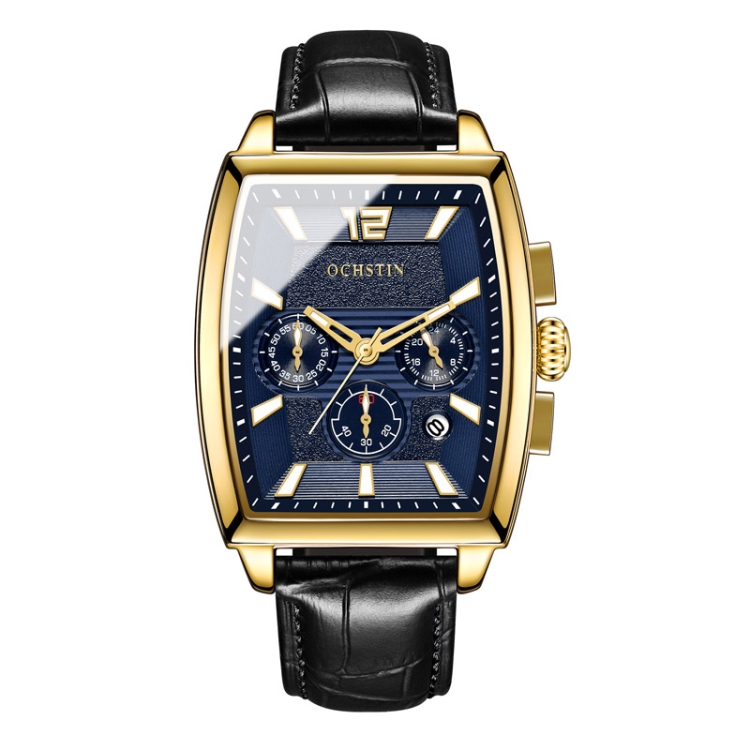 OCHSTIN 6133A Multifunctional Quartz Waterproof Luminous Men Leather Watch(Gold Black 02)