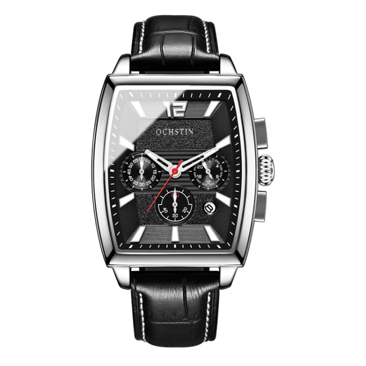 OCHSTIN 6133A Multifunctional Quartz Waterproof Luminous Men Leather Watch(Silver Black)