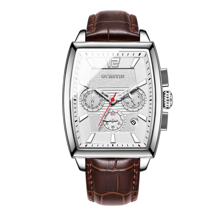OCHSTIN 6133A Multifunctional Quartz Waterproof Luminous Men Leather Watch(Silver Coffee)
