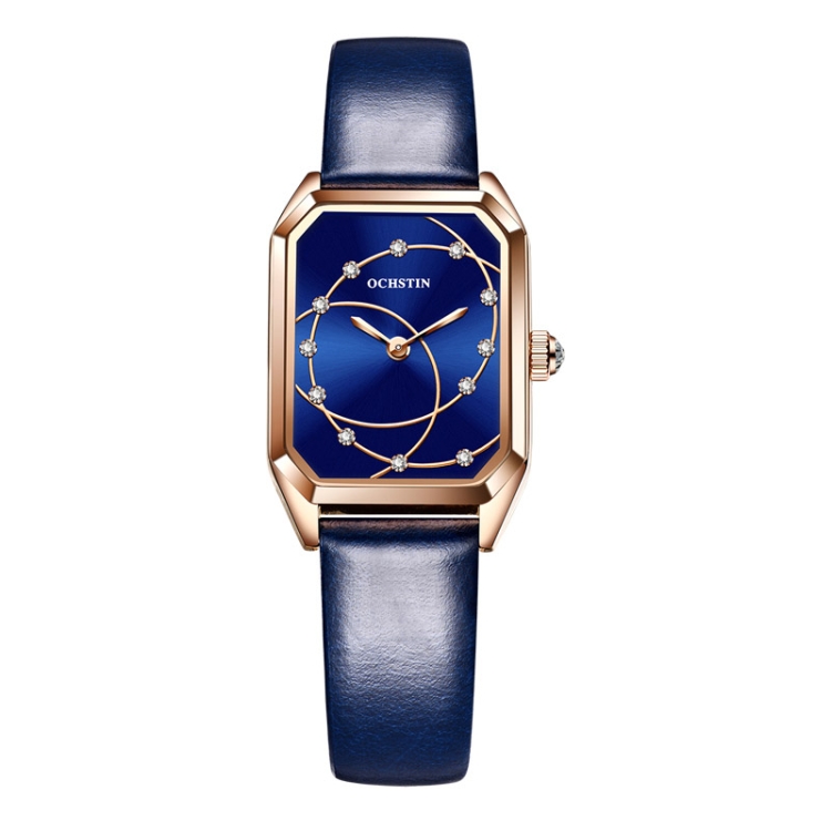 OCHSTIN 7008C Parangon Series Fashion Casual Leather Strap Quartz Watch(Rose Gold+Blue)