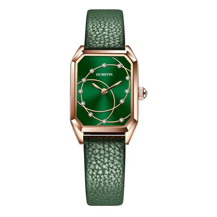 OCHSTIN 7008C Parangon Series Fashion Casual Leather Strap Quartz Watch(Rose Gold+Green)
