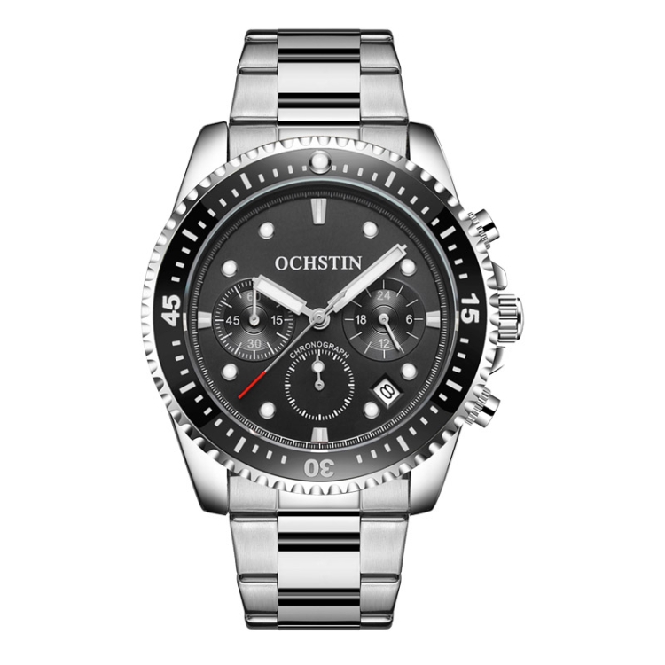 OCHSTIN 7019C Multifunctional Quartz Waterproof Luminous Steel Strap Men Watch(Black+Silver)