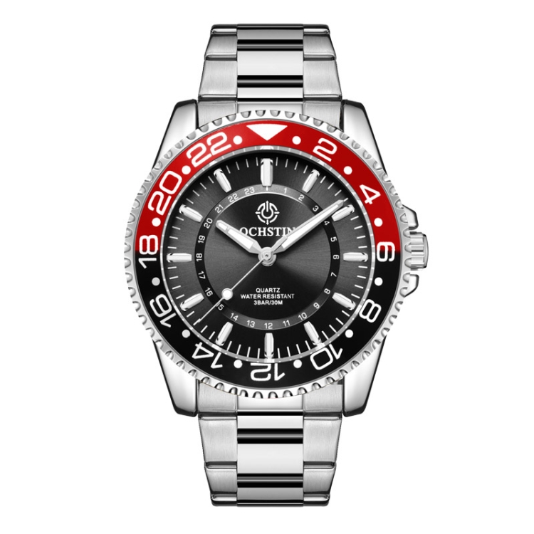 OCHSTIN 7019D Multifunctional Quartz Waterproof Luminous Steel Strap Men Watch(Black Red+Silver)