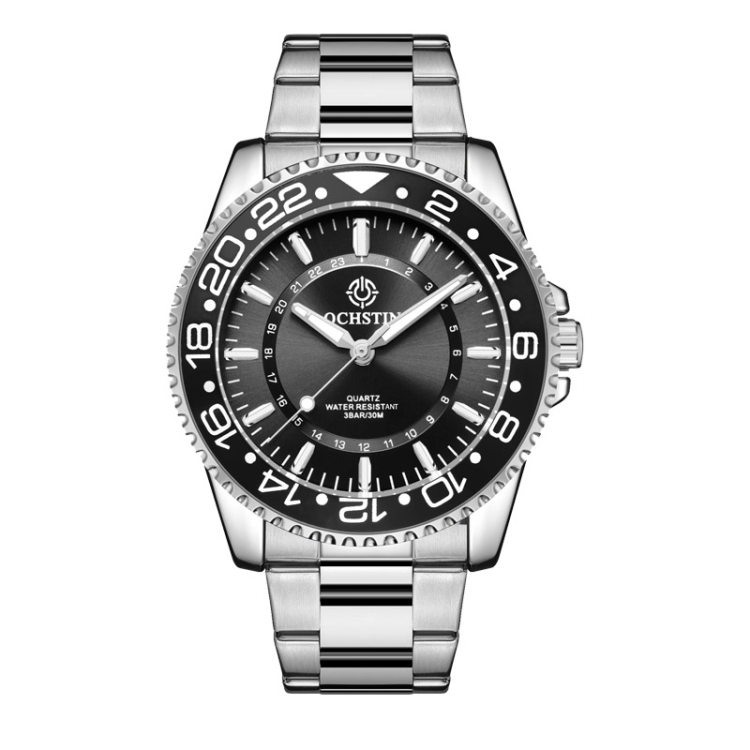 OCHSTIN 7019D Multifunctional Quartz Waterproof Luminous Steel Strap Men Watch(Black+Silver)