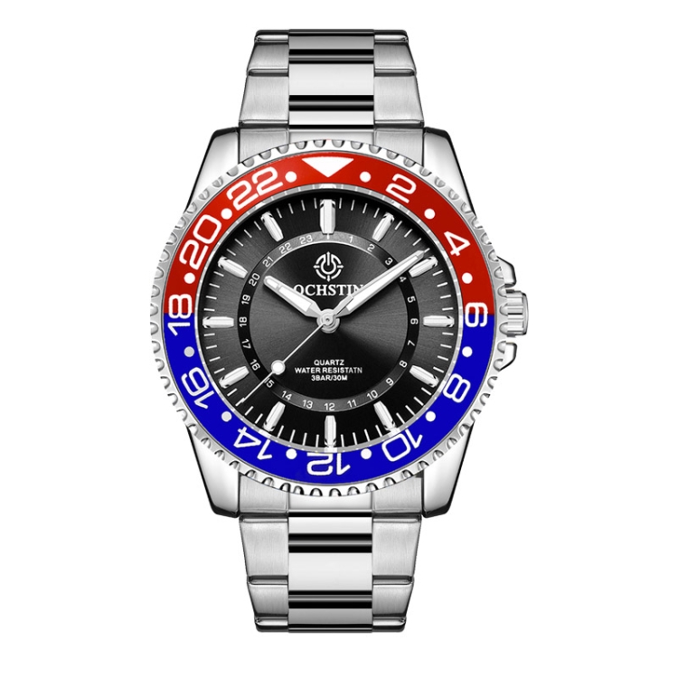 OCHSTIN 7019D Multifunctional Quartz Waterproof Luminous Steel Strap Men Watch(Blue Red+Silver)