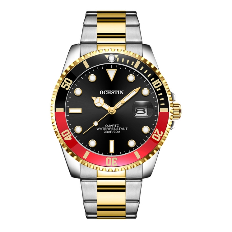 OCHSTIN 7019E Multifunctional Quartz Waterproof Luminous Steel Strap Men Watch(Black Red+Gold)