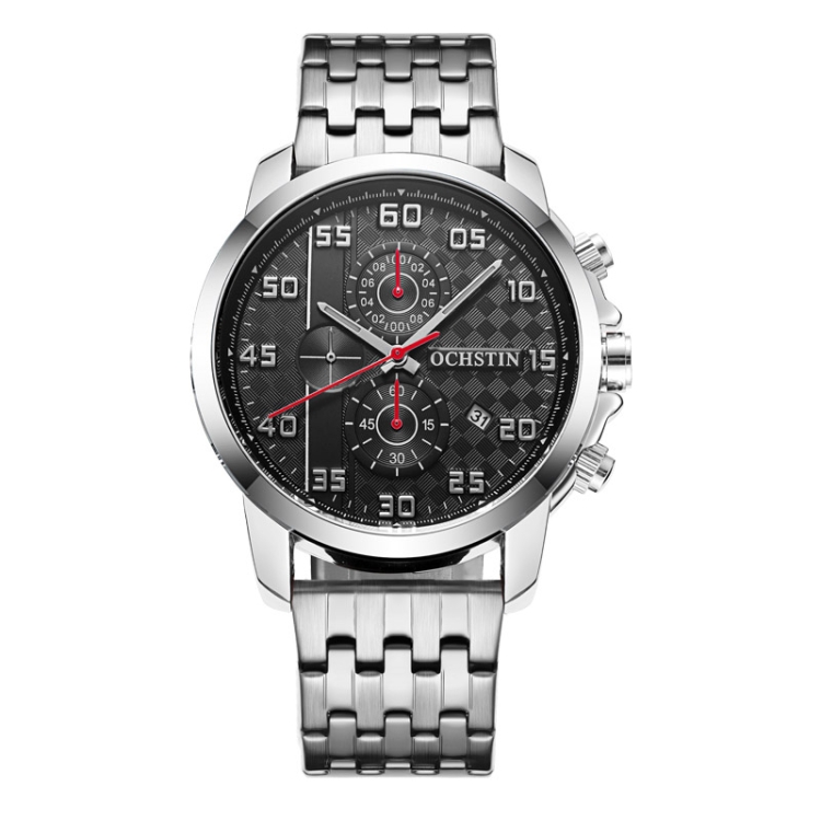 OCHSTIN 7079 Multifunctional Quartz Waterproof Luminous Steel Strap Men Watch(Black Silver)