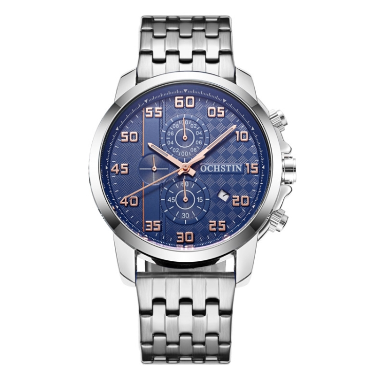 OCHSTIN 7079 Multifunctional Quartz Waterproof Luminous Steel Strap Men Watch(Blue Silver)