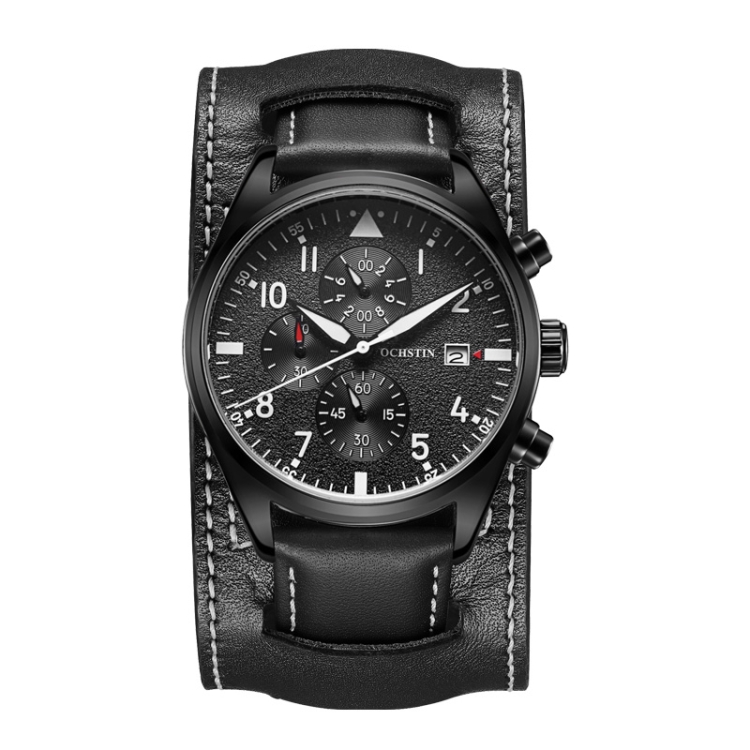 Ochstin 7227 Multifunctional Business Leather Wrist Wrist Waterproof Quartz Watch(Black+Black)