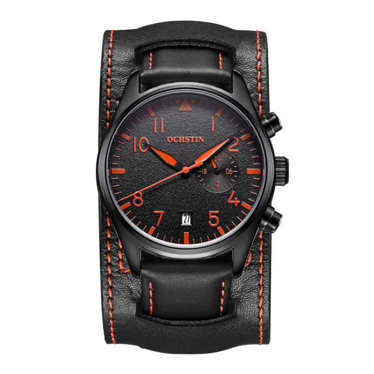 Ochstin 7228 Multifunctional Business Leather Wrist Wrist Waterproof Quartz Watch(Black+Orange)