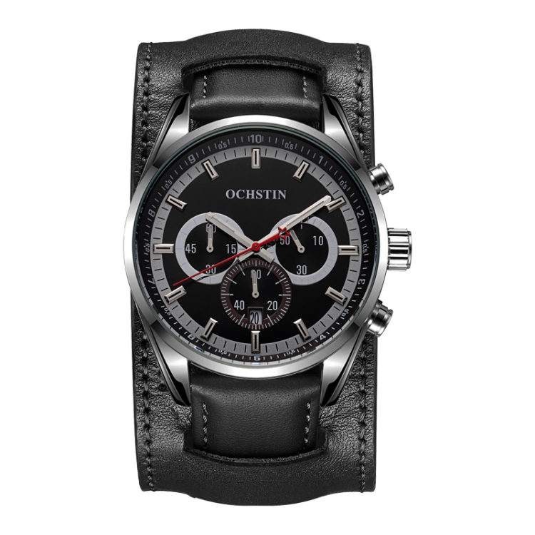 Ochstin 7229 Multifunctional Business Leather Wrist Wrist Waterproof Luminous Quartz Watch(Black+Black)