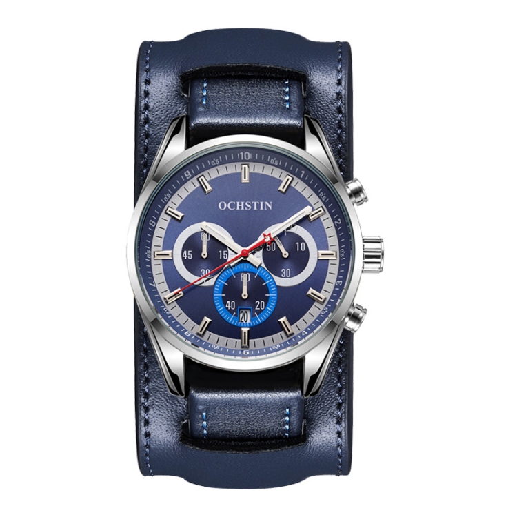 Ochstin 7229 Multifunctional Business Leather Wrist Wrist Waterproof Luminous Quartz Watch(Silver+Blue)