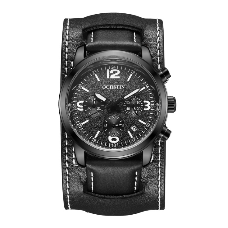 Ochstin 7230 Multifunctional Business Leather Wrist Wrist Waterproof Quartz Watch(Black+Black)