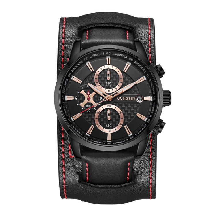 Ochstin 7231 Multifunctional Business Leather Wrist Wrist Waterproof Quartz Watch(Black+Black)