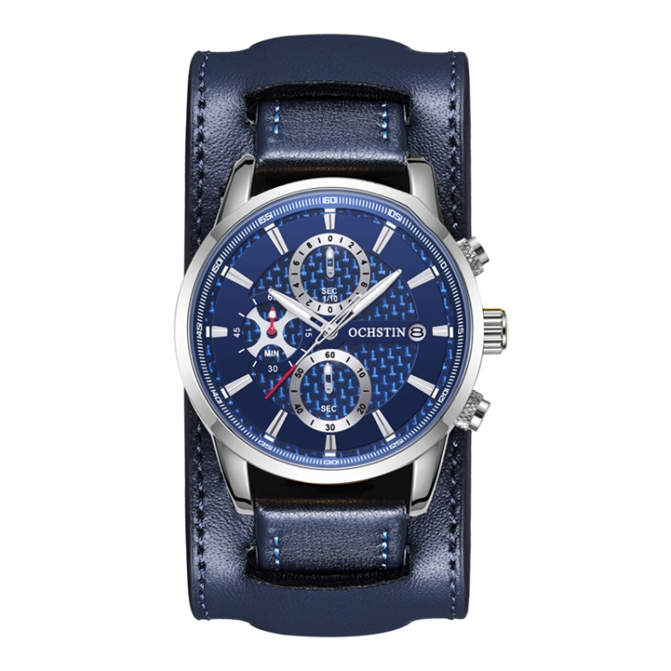 Ochstin 7231 Multifunctional Business Leather Wrist Wrist Waterproof Quartz Watch(Silver+Blue)