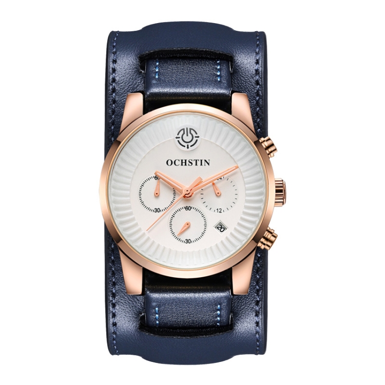 Ochstin 7232 Multifunctional Business Leather Wrist Wrist Waterproof Quartz Watch(Rose Gold+Blue)