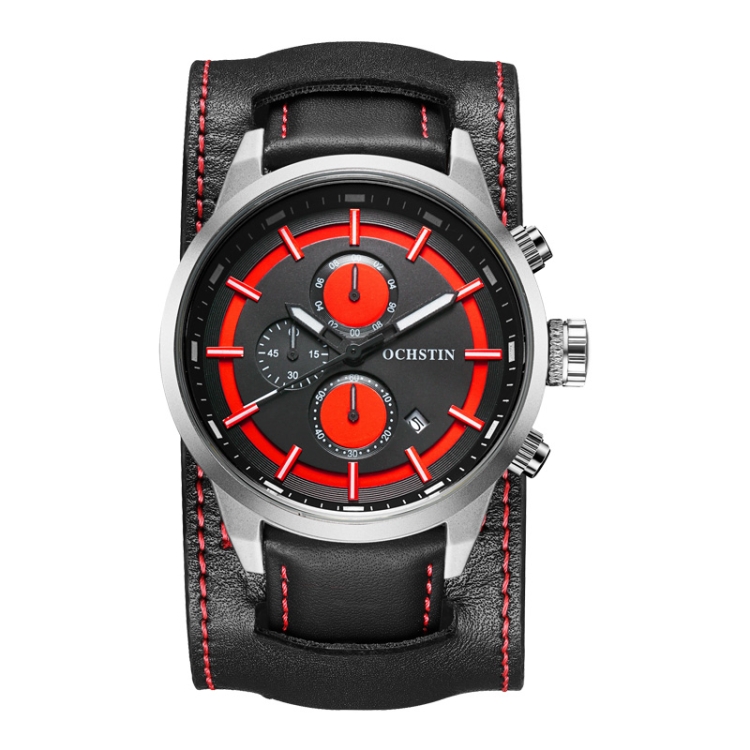 Ochstin 7235 Multifunctional Business Leather Wrist Wrist Waterproof Quartz Watch(Red+Silver)