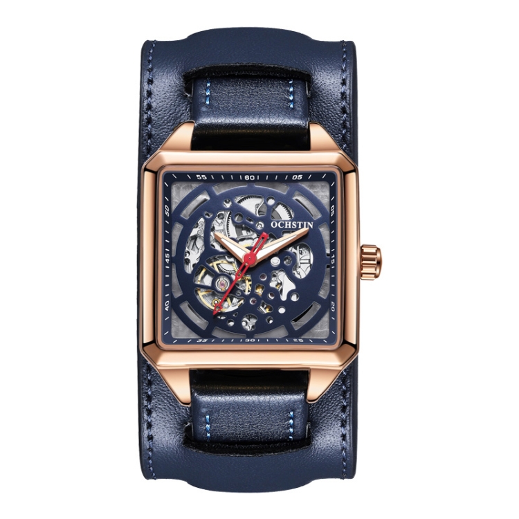 Ochstin 7237 Business Leather Wrist Wrist Waterproof Luminous Skeleton Mechanical Watch(Rose Gold+Blue)