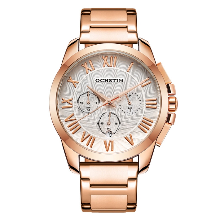 OCHSTIN 7242 Multifunctional Quartz Waterproof Steel Strap Men Watch(Rose Gold+White)