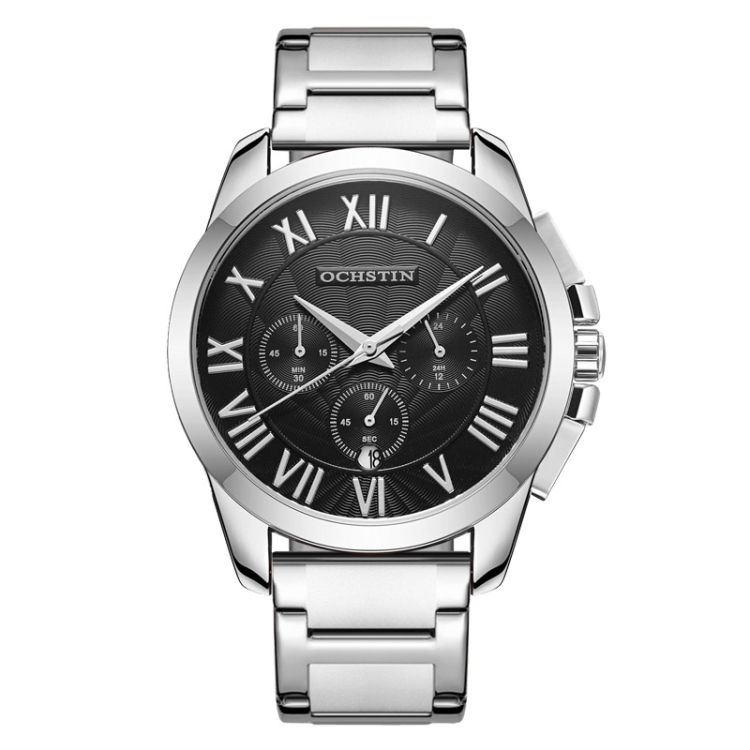 OCHSTIN 7242 Multifunctional Quartz Waterproof Steel Strap Men Watch(Silver Black)
