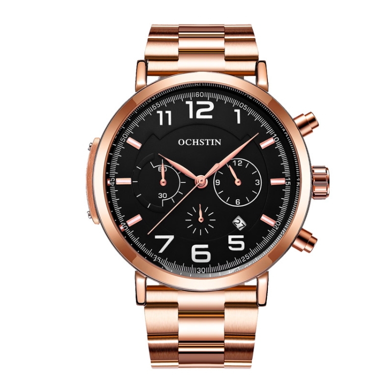 OCHSTIN 7243 Men Fashion Steel Strap Multifunctional Quartz Watch(Rose Gold Black)