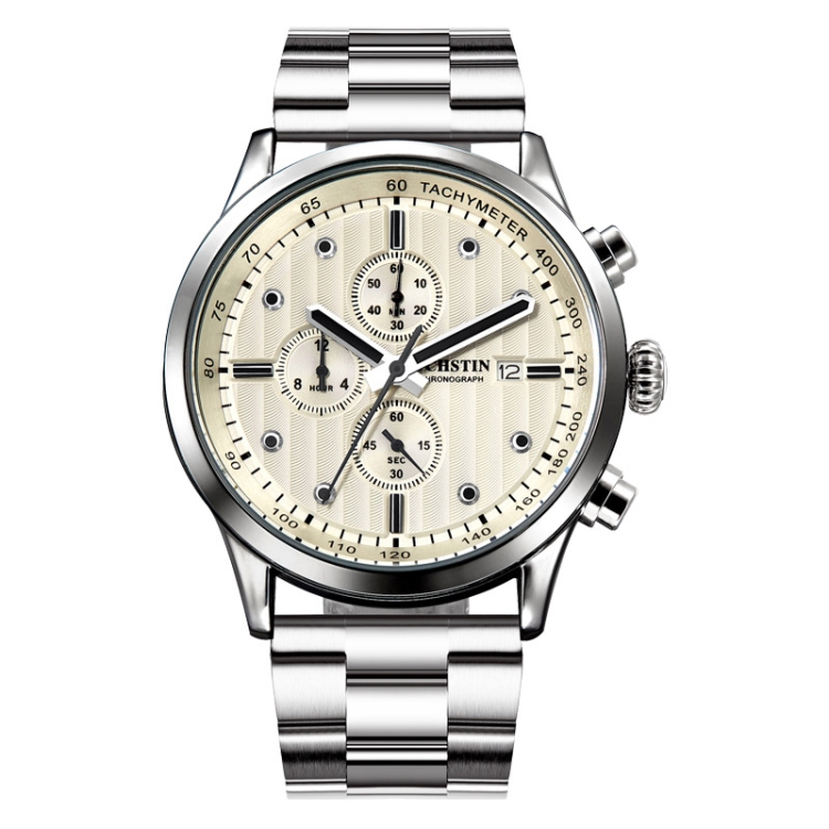 OCHSTIN 7245 Fashion Steel Strap Multifunctional Quartz Men Watch(Silver White)