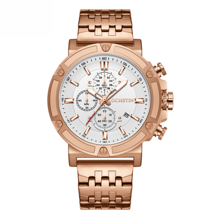 OCHSTIN 7247 Fashion Steel Strap Multifunctional Quartz Men Watch(Rose Gold White)