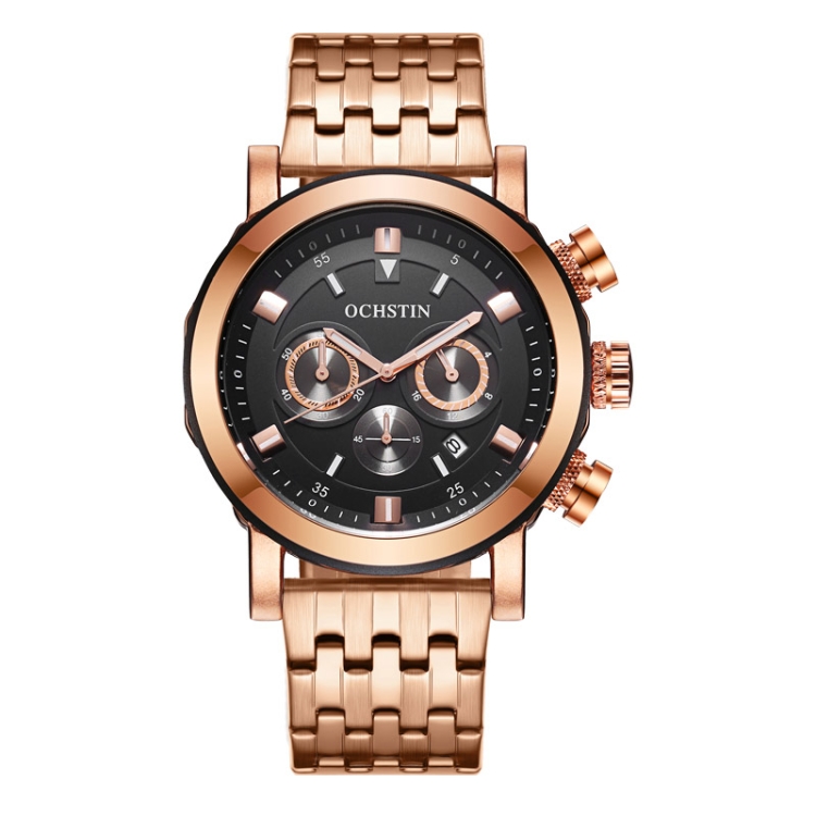 OCHSTIN 7254 Fashion Steel Strap Multifunctional Quartz Men Watch(Rose Gold Black)