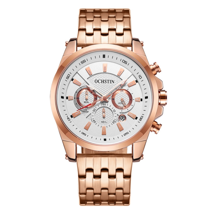 OCHSTIN 7256 Fashion Steel Strap Multifunctional Quartz Men Watch(Rose Gold White)