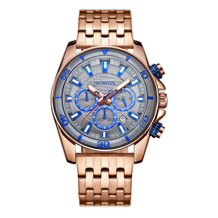 OCHSTIN 7259 Fashion Steel Strap Multifunctional Quartz Men Watch(Rose+Grey+Blue)