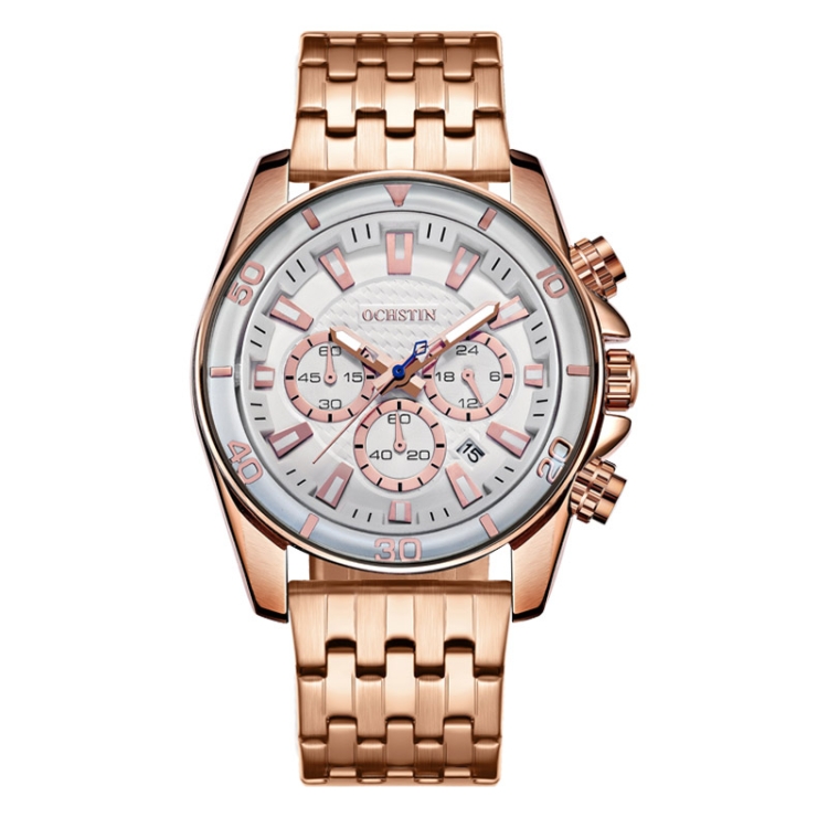 OCHSTIN 7259 Fashion Steel Strap Multifunctional Quartz Men Watch(Rose+White+Rose)