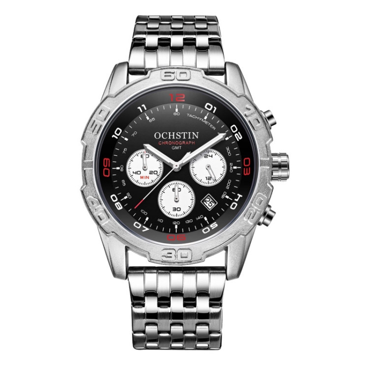 OCHSTIN 7260 Fashion Steel Strap Multifunctional Quartz Men Watch(Silver+Black)