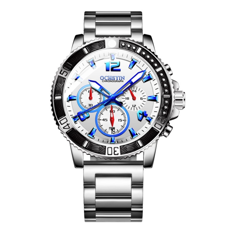 OCHSTIN 7263 Fashion Steel Strap Multifunctional Quartz Men Watch(Silver White)