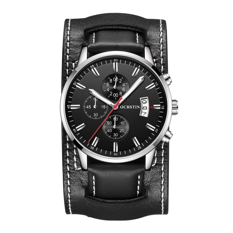 Ochstin 7266 Multifunctional Leather Wrist Wrist Waterproof Luminous Quartz Watch(Silver+Black)