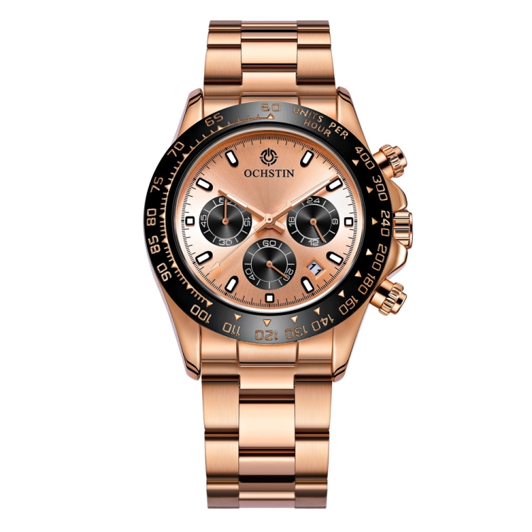 OCHSTIN Augusten 6103B Multi Function Quartz Watch Sports luminous Waterproof Watch Calendar Steel Band Men Watch(Rose Gold)