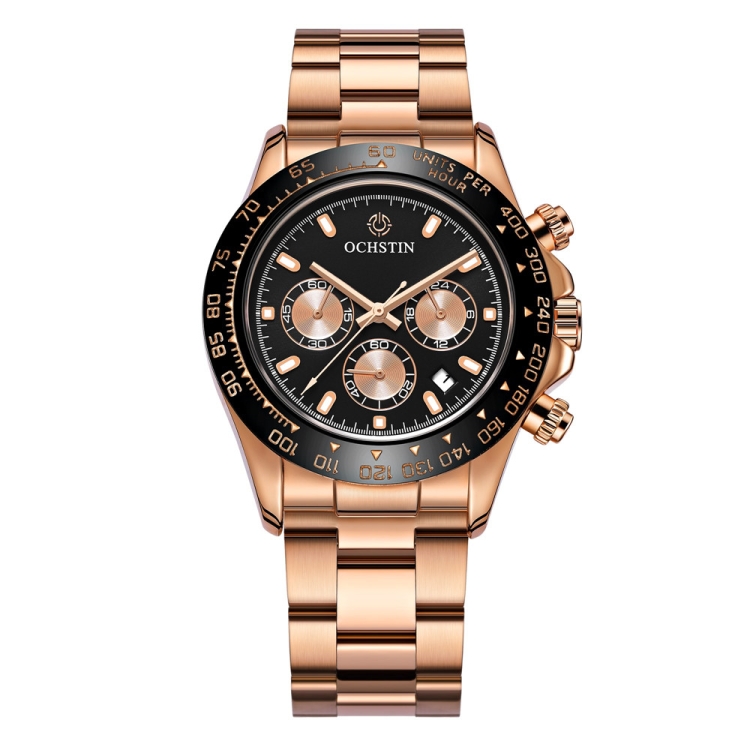 OCHSTIN Augusten 6103B Multi Function Quartz Watch Sports luminous Waterproof Watch Calendar Steel Band Men Watch(Rose Gold Black)