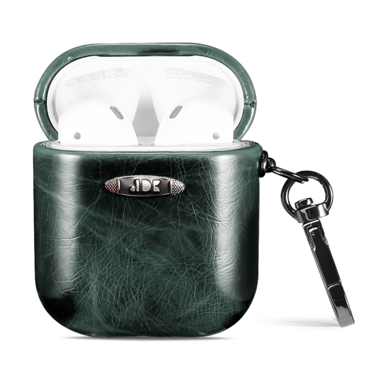 Oil Wax Leather Texture Earphone Protective Case with Hang Buckle For AirPods 1 / 2(Dark Green)