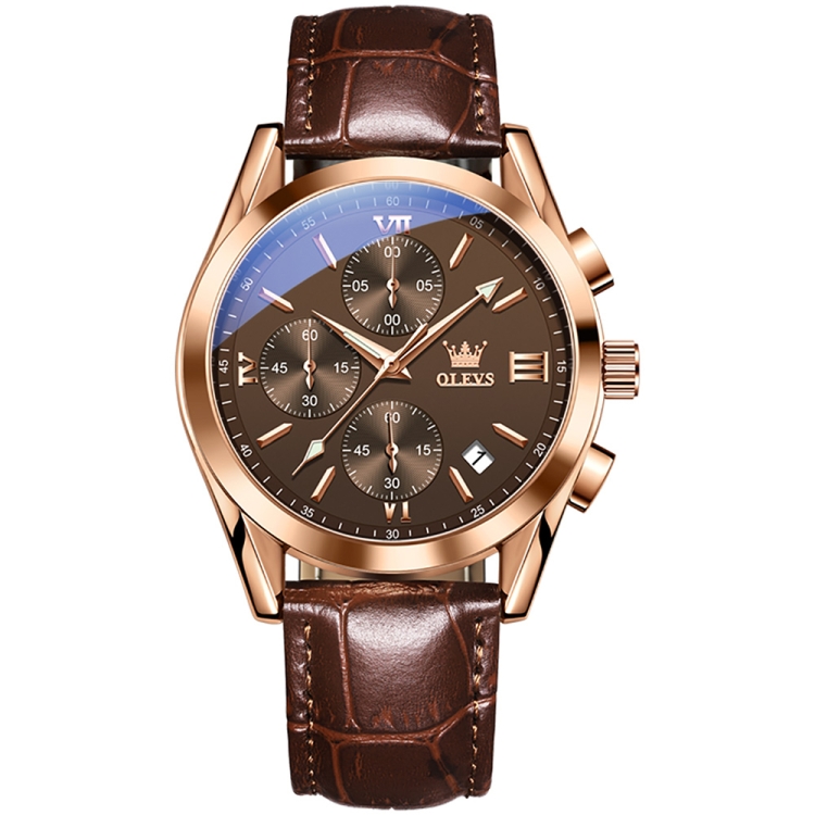 OLEVS 2872 Men Three Eyes Six Needles Chronograph Waterproof Quartz Watch(Coffee + Rose Gold)