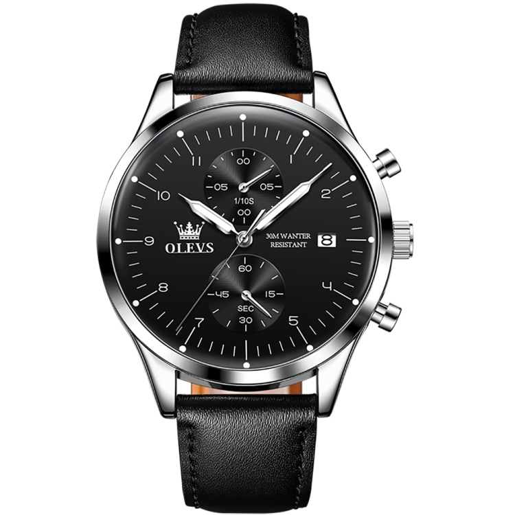 OLEVS 2880 Men Multifunctional Business Waterproof Leather Strap Quartz Watch(Black + Silver)