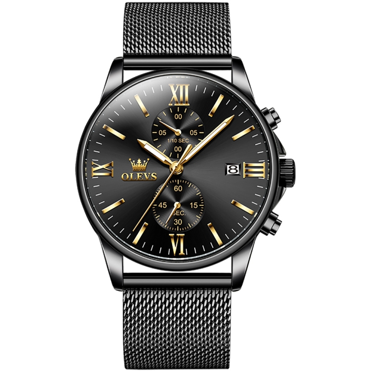 OLEVS 2886 Men Sports Chronograph Waterproof Luminous Quartz Watch(Black Gold Mesh Strip)
