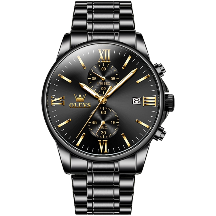 OLEVS 2886 Men Sports Chronograph Waterproof Luminous Quartz Watch(Black Gold Steel Strip)