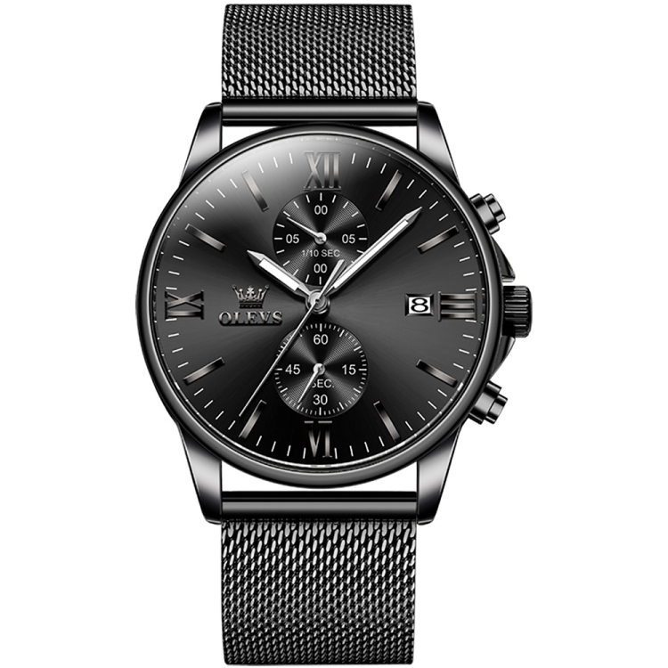 OLEVS 2886 Men Sports Chronograph Waterproof Luminous Quartz Watch(Black Silver Mesh Strip)