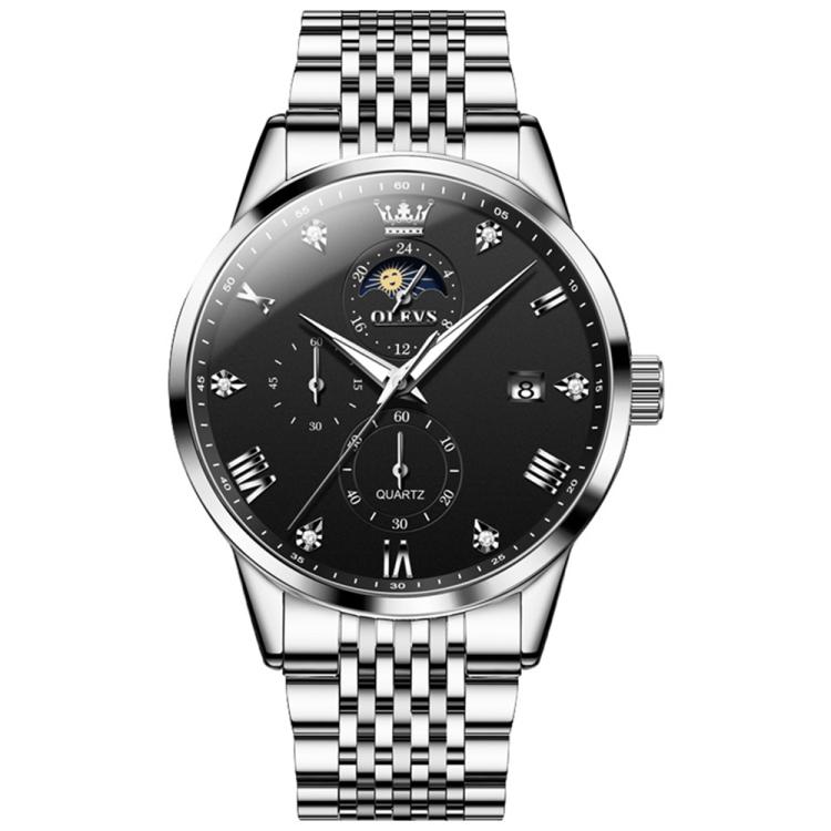 OLEVS 2925 Men Multifunctional Waterproof Luminous Quartz Watch(Silver Black)