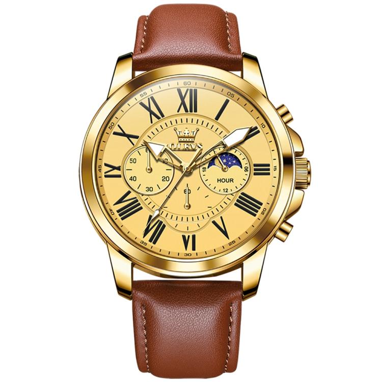 OLEVS 3632 Men Multifunctional Large Dial Luminous Waterproof Quartz Watch(Brown + Gold)