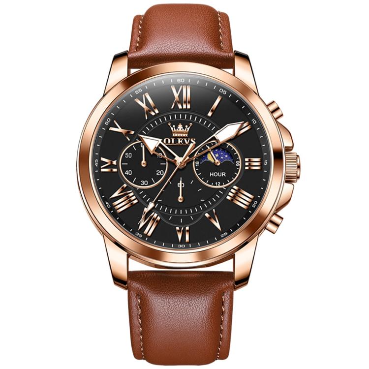 OLEVS 3632 Men Multifunctional Large Dial Luminous Waterproof Quartz Watch(Brown + Rose Gold Black)