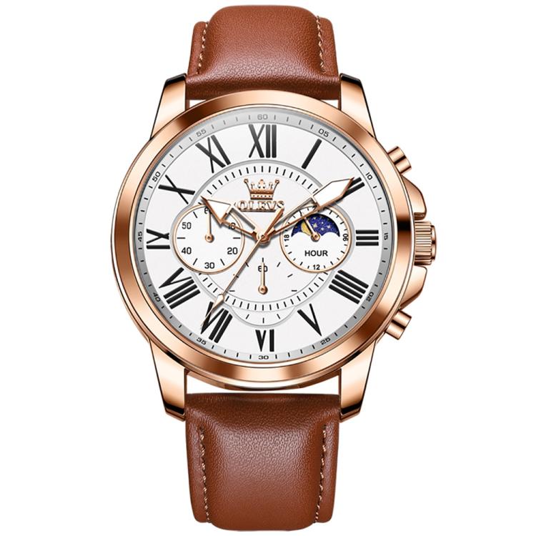 OLEVS 3632 Men Multifunctional Large Dial Luminous Waterproof Quartz Watch(Brown + Rose Gold White)
