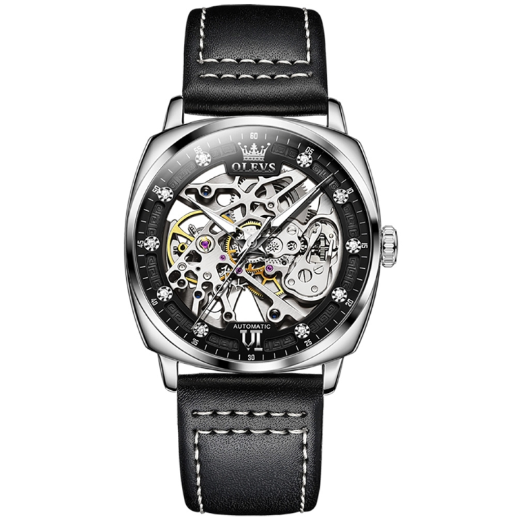 OLEVS 6651 Men Luminous Waterproof Hollow Mechanical Watch(Black + White)